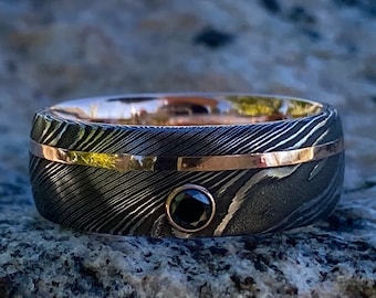 Damascus Steel Ring, 14k Rose Gold Inlay with Black Diamond, Handmade Wedding Band