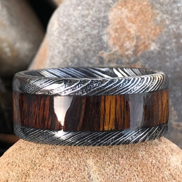 Wide 10mm Damascus Steel Wedding Band With Ironwood Sleeve Inlay - DS-BLK-10HR15G-Ironwood