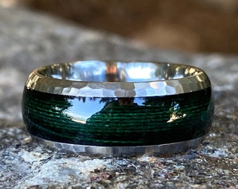 Men's Custom Wedding Ring - Green Fishing Line Inlay - Hammered Finish - Comfort Fit - Mens Wedding Band - Fishing Ring - Titanium Band
