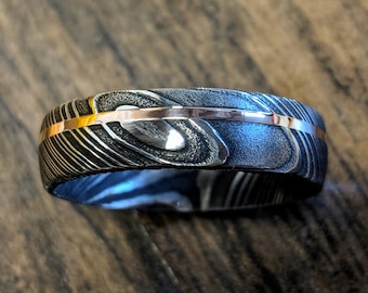 New 6mm Wide Damascus Steel Ring with 14k Solid Rose Gold Inlay