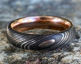 Mens Wedding Band Damascus Steel Ring and 14k Rose Gold Ring
