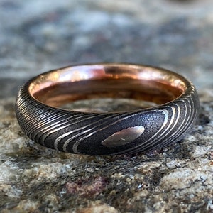 Mens Wedding Band Damascus Steel Ring and 14k Rose Gold Ring