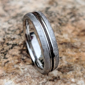 5mm Dinosaur Bone and Gibeon Meteorite Ring, Custom Made Meteorite Wedding Band