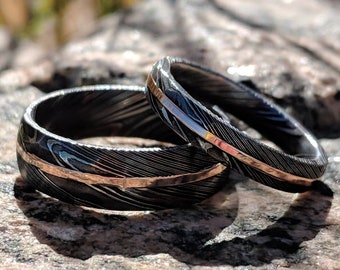 His and Her Damascus Ring Set with 14k Rose Gold Inlay and Hammered Finish