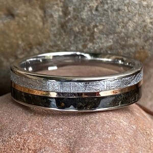 Meteorite Ring with 14k Gold and Dinosaur Fossil Inlay, Custom Made Meteorite Wedding Band