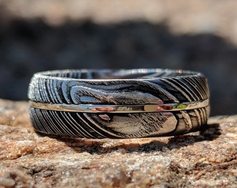 New 7mm Wide Damascus Steel Ring with 14k Solid White Gold Inlay