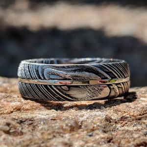 New 7mm Wide Damascus Steel Ring with 14k Solid White Gold Inlay