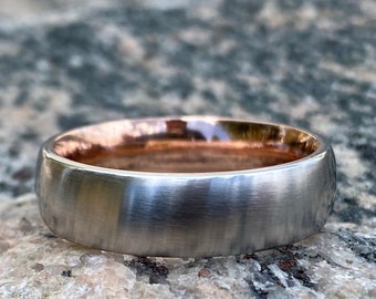 6mm Mens Wedding Band with 14k Rose Gold Sleeve - Mens Wedding Rings with Brushed Finish - Unique Two Tone Rings