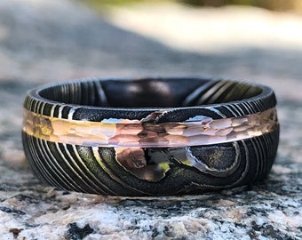 8mm Damascus Steel Wedding Band with Striking 14k Rose Gold Inlay