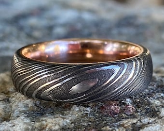 Mens Wedding Band Damascus Steel Ring and 14k Rose Gold Ring