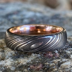 Mens Wedding Band Damascus Steel Ring and 14k Rose Gold Ring
