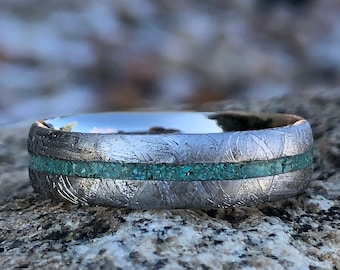 Gibeon Meteorite Ring Turquoise Inlay Mens Wedding Band Comfort Fit Handmade USA