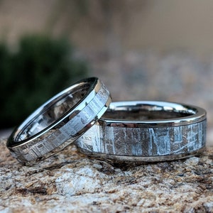 Gibeon Meteorite Wedding Ring Set, Matching Meteorite Bands, USA Handmade