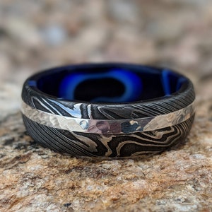 Damascus Steel Ring 14k White Gold Wedding Band With Inside Sapphire Blue Ocean Sleeve