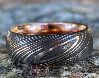 Mens Wedding Band Damascus Steel Ring and 14k Rose Gold Ring, Wide Black Ring with Rose Gold