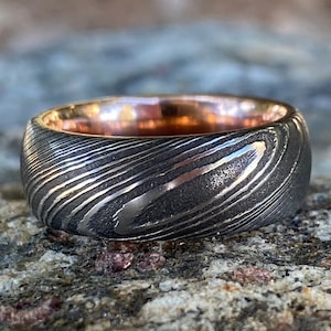 Mens Wedding Band Damascus Steel Ring and 14k Rose Gold Ring, Wide Black Ring with Rose Gold