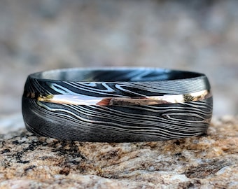 New 8mm Wide Damascus Steel Ring with 14k Solid Rose Gold Inlay