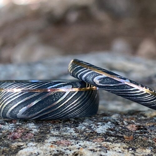 Damascus Ring 14k Gold Inlay Damascus Steel Wedding Band Etsy