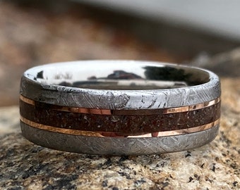 Meteorite Ring Gibeon Meteorite Wedding Band w/ Dinosaur Bone Center Inlay & 14k Rose Gold