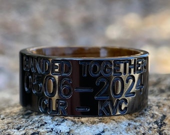 Black Wedding Band With Whiskey Barrel Sleeve - USA Made Custom Black Wedding Rings