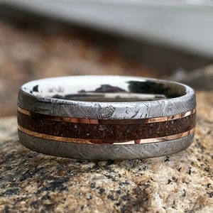 Meteorite Ring Gibeon Meteorite Wedding Band w/ Dinosaur Bone Center Inlay & 14k Rose Gold
