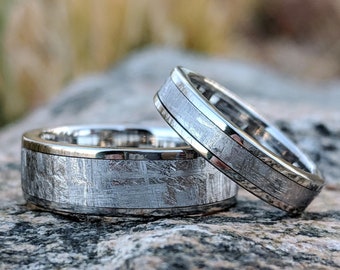 Meteorite Ring Wedding Ring Set,  Cobalt Chrome Ring Sleeve USA Made Custom Artisan Jewelry