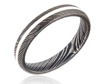 New 4mm Wide Damascus Steel Ring with Silver Inlay