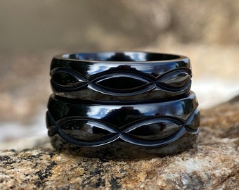 Black Titanium Infinity Wedding Ring Set, Matching His & Hers Bands, USA Handmade