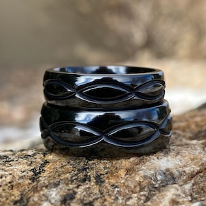 Black Infinity Wedding Ring Set, His and Hers Matching Titanium Bands, Couple Rings, Modern Wedding Bands USA Made