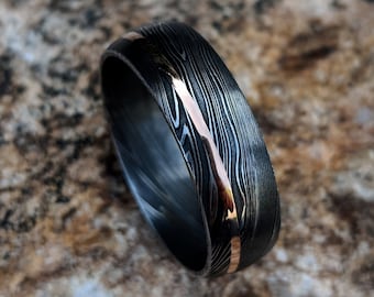 Damascus Ring 14k Rose Gold Inlay Damascus Steel Wedding Band