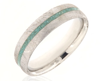 Gibeon Meteorite Wedding Band, Meteorite Ring with Turquoise Inlay, Handmade USA