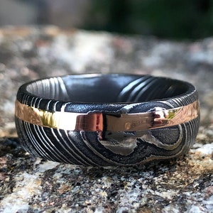 Damascus Steel Ring 14k Rose Gold Wedding Band Custom USA Made Rings