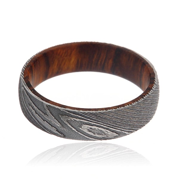 Mens Wedding Band Damascus Steel Ring Arizona Ironwood Sleeve
