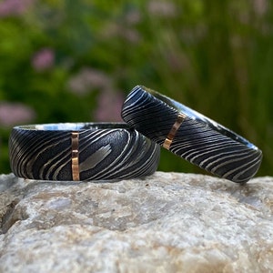 His & Her Damascus Ring Set 14k Rose Gold Inlay Matching Ring Set