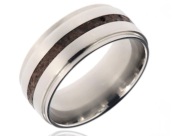 Dinosaur Bone Ring, 9mm Titanium Wedding Band, Handcrafted Fossil Inlay Ring