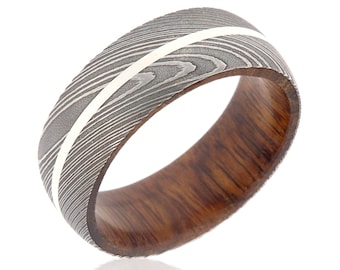 Nuevo anillo de acero de Damasco de 8 mm de ancho con incrustaciones de plata de ley y funda interior de madera de hierro.