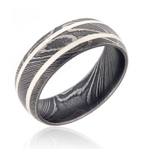 New 8mm Wide Damascus Steel Ring with Double Solid Silver Inlay - 8HR21G-SS