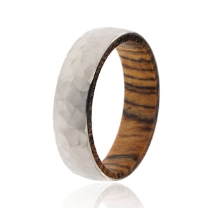 Bocote Wood and Titanium Hammered Band with Wood Sleeve - 6mm Wide Rings - USA Made