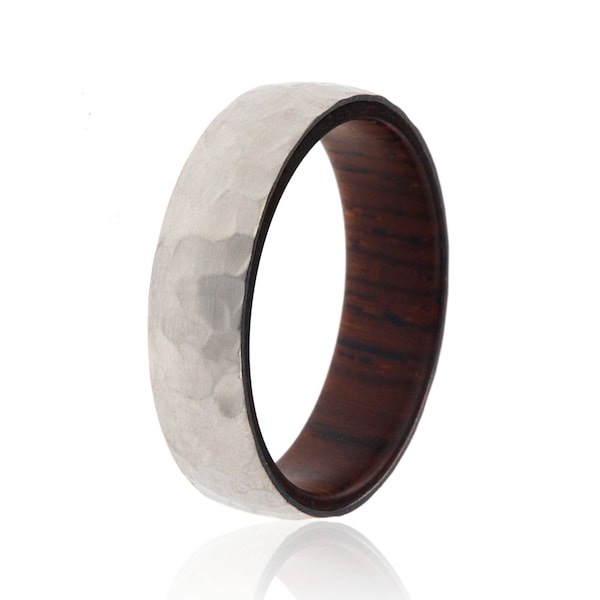 Cocobolo Wood and Titanium Hammered Band with Wood Sleeve - 6mm Wide Rings - USA Made