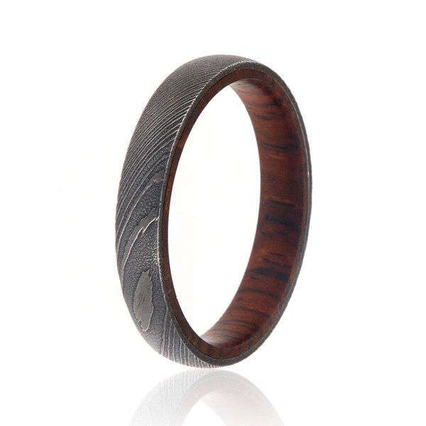 New 4mm Wide Damascus Steel Ring with Cocobolo Wood Sleeve