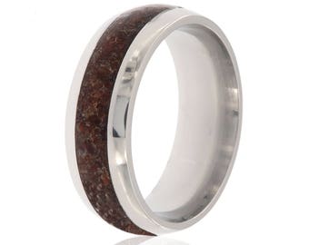 Dinosaur Bone Titanium Wedding Band, Fossil Inlay Men’s Ring, Handmade Comfort Fit