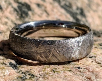 Gibeon Meteorite Wedding Band with Cobalt Chrome Sleeve - 6mm Authentic Genuine Gibeon Meteorite Rings