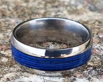 Titanium Wedding Band, Blue Fishing Line Inlay Ring, Custom Men’s Jewelry USA Made