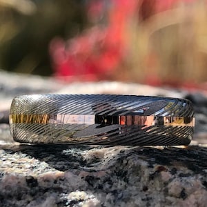 New 6mm White Damascus Steel Ring with 14k Solid Rose Gold Inlay
