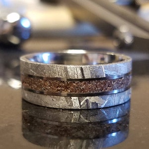8mm Dinosaur Bone and Gibeon Meteorite Ring, Custom Made Meteorite Wedding Band