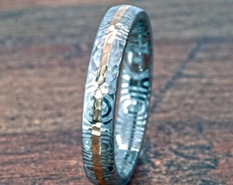 Damascus Steel Ring with a Solid 14k Gold Inlay Hammered Finish