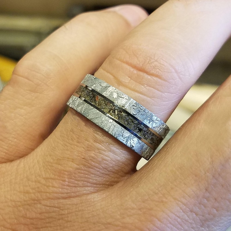 9mm Dinosaur Bone and Gibeon Meteorite Ring, Custom Made Meteorite Wedding Band image 1