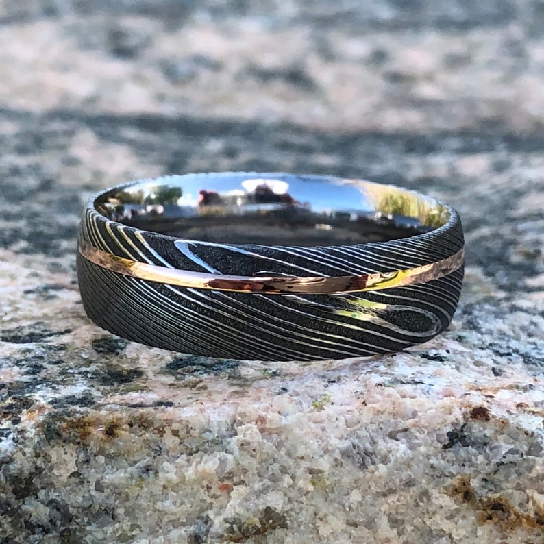 Buy New 7mm Wide Damascus Steel Ring With 14k Solid Rose Gold Online in