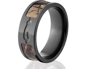 Black Zirconium Ring, RealTree AP Camo with Carved Fishhook Design, Outdoor Wedding Band