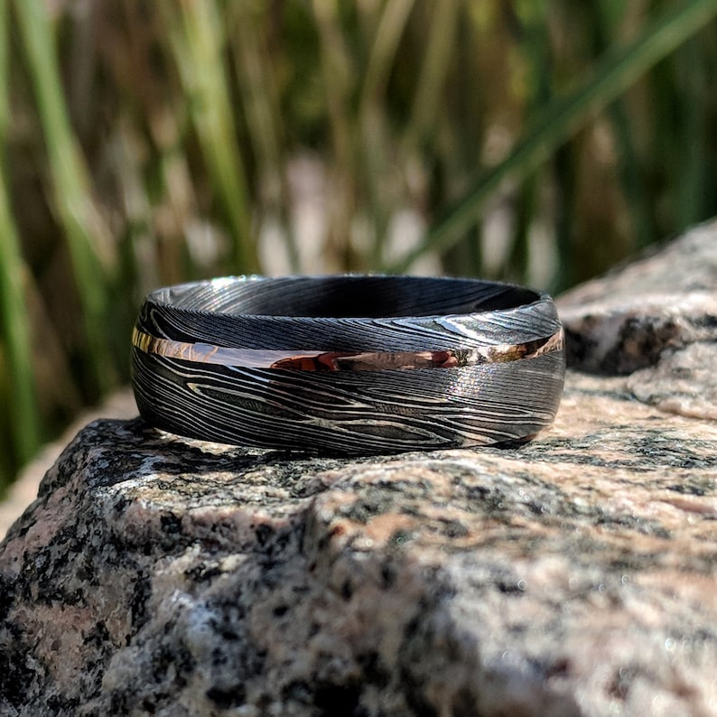 Damascus Ring 14k Rose Gold Inlay Damascus Steel Wedding Band Etsy
